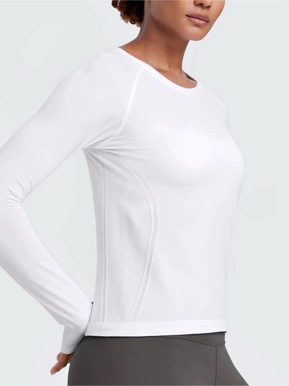 CRZ YOGA Seamless Slim Long Sleeve Hip Length Athletic Top, White, Medium